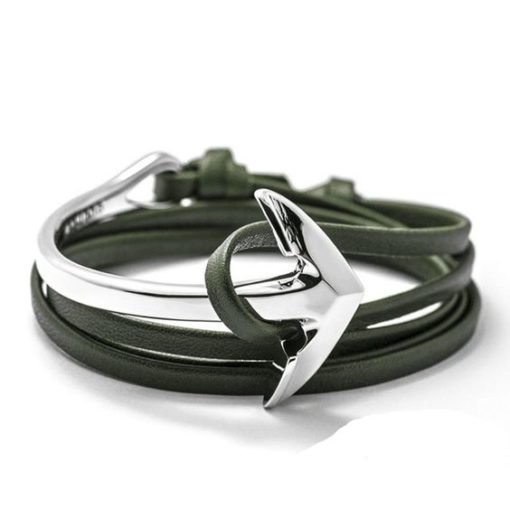 Bracelet ancre argent cuir vert