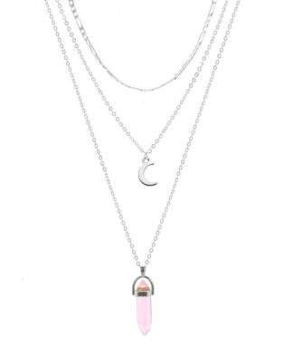 Collier argente 3 chaines pendentif quartz