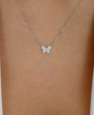 collier papillon strass argente