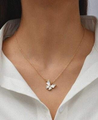collier papillon strass dore