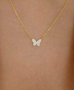 collier papillon strass plaque or