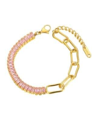 Bracelet grosse maîlle dore strass rose