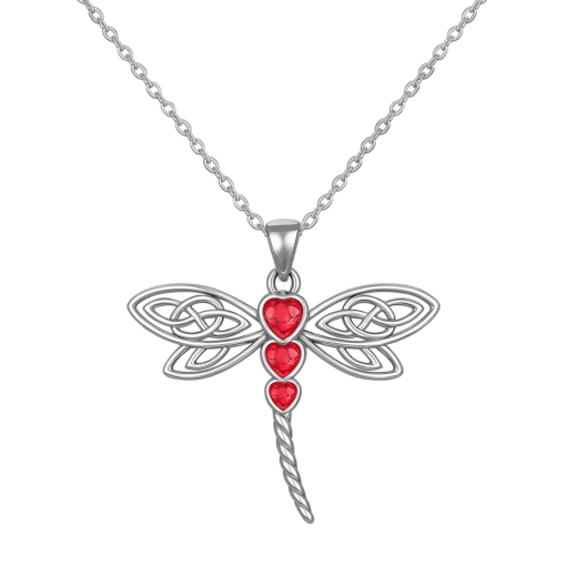 Collier pendentif libellule argenté avec cristaux rouges en forme de cœur – bijou élégant style celtique pour femme