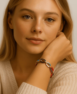 Bracelet en acier inoxydable coloré avec des liens ovales multicolores, porté par une jeune femme élégante avec une peau claire et des cheveux blonds, parfait pour un look mode et tendance.