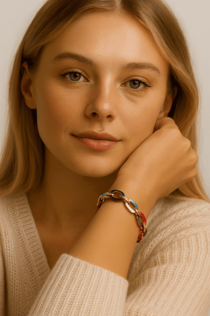 Bracelet en acier inoxydable coloré avec des liens ovales multicolores, porté par une jeune femme élégante avec une peau claire et des cheveux blonds, parfait pour un look mode et tendance.