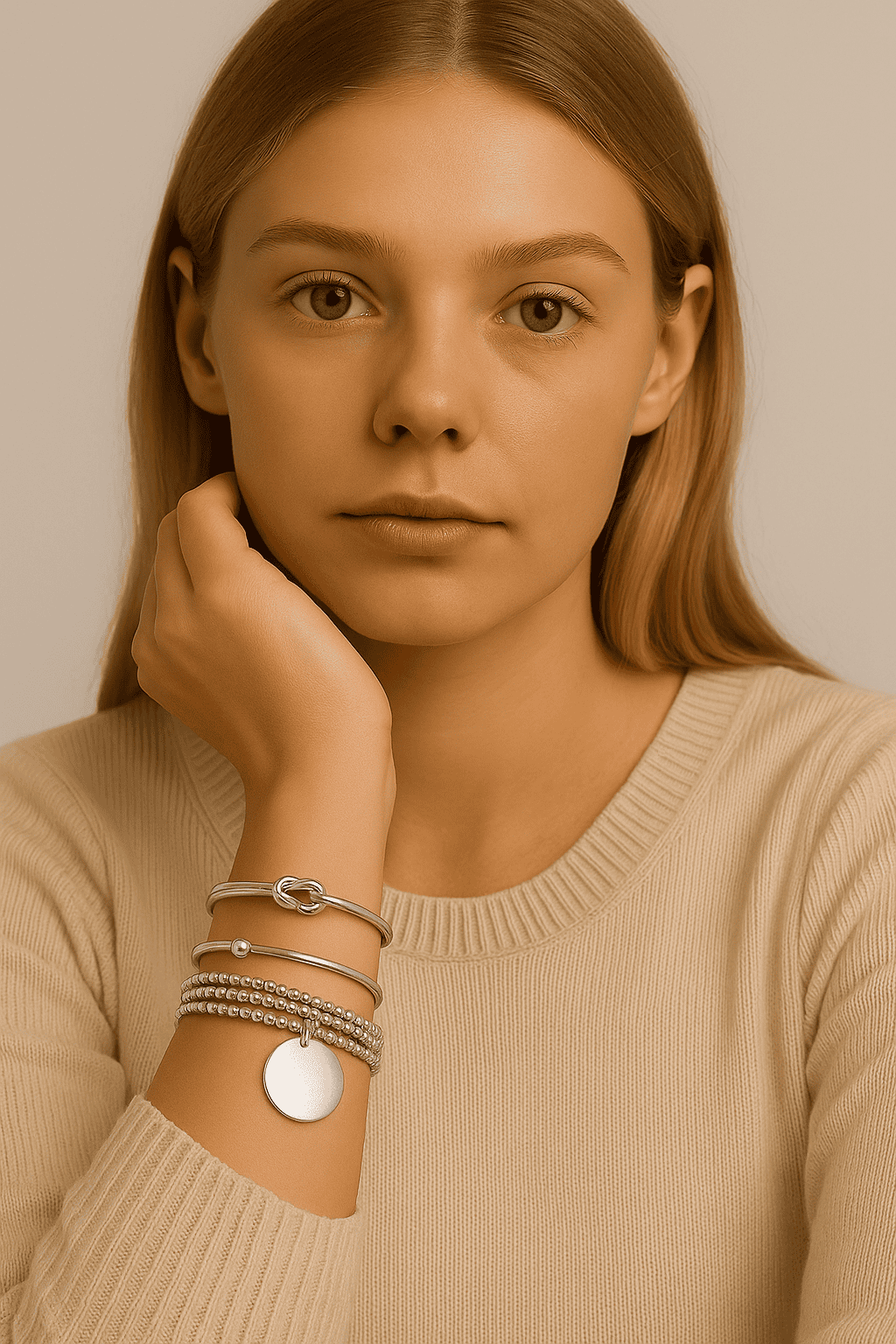 Bracelet argenté avec perles et médaillon – ensemble de bracelets fins pour femme