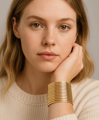 Bracelet manchette en or doré, large et élégant, porté par une jeune femme avec un style minimaliste, parfait pour accessoiriser une tenue chic ou pour un look sophistiqué.
