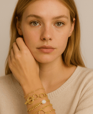 Bracelets fantaisie en or avec pendentifs en cœur, perles blanches et chaînes délicates, parfaits pour accessoriser une tenue élégante ou décontractée, tendance bijouterie mode femme.