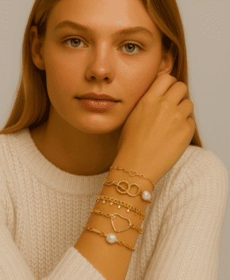 Bracelets élégants en or avec perles, charms et designs délicats, portés par une femme souriante lors d'une séance photo mode pour bijoux de créateur, parfaits pour un look chic et tendance.