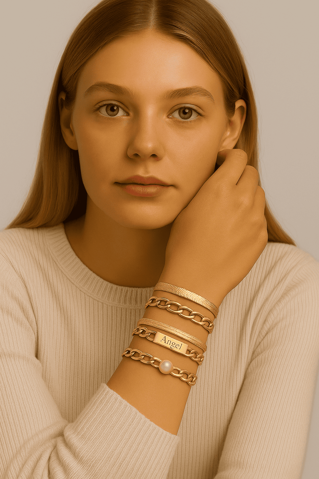 Bracelet fantaisie doré avec chaîne, perle blanche et pendentifs personnalisés, idéal pour accessoires de mode élégants et tendance.