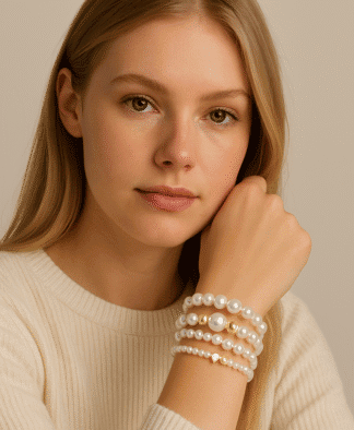 Bracelet de perles élégantes en imitation nacrée, portées par une femme avec une peau claire et des cheveux blonds. Style chic et sophistiqué, parfait pour Accessoires de mode féminine.