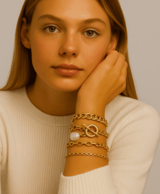Bracelets en or avec perle et fermoir bola, élégant et tendance, parfaits pour la mode féminine, porté par une femme avec pull blanc, style chic et sophistiqué.
