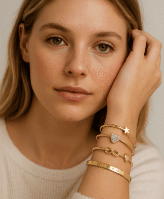 Bracelets en or rose avec pendentifs étoiles, cœur pavé de cristaux et symboles d'infini, parfaits pour un style élégant et tendance