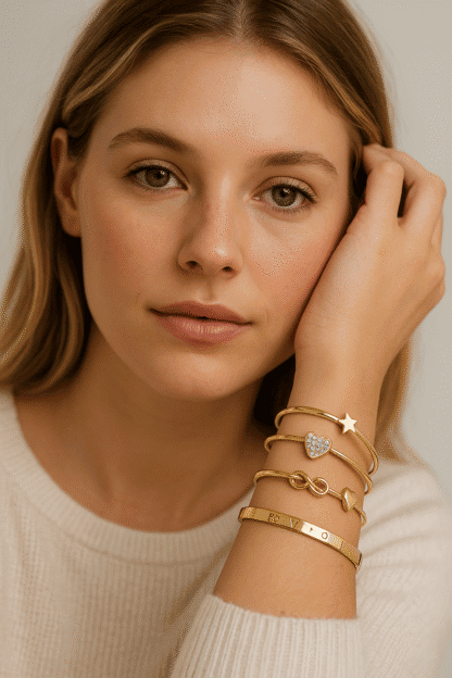 Bracelets en or rose avec pendentifs étoiles, cœur pavé de cristaux et symboles d'infini, parfaits pour un style élégant et tendance