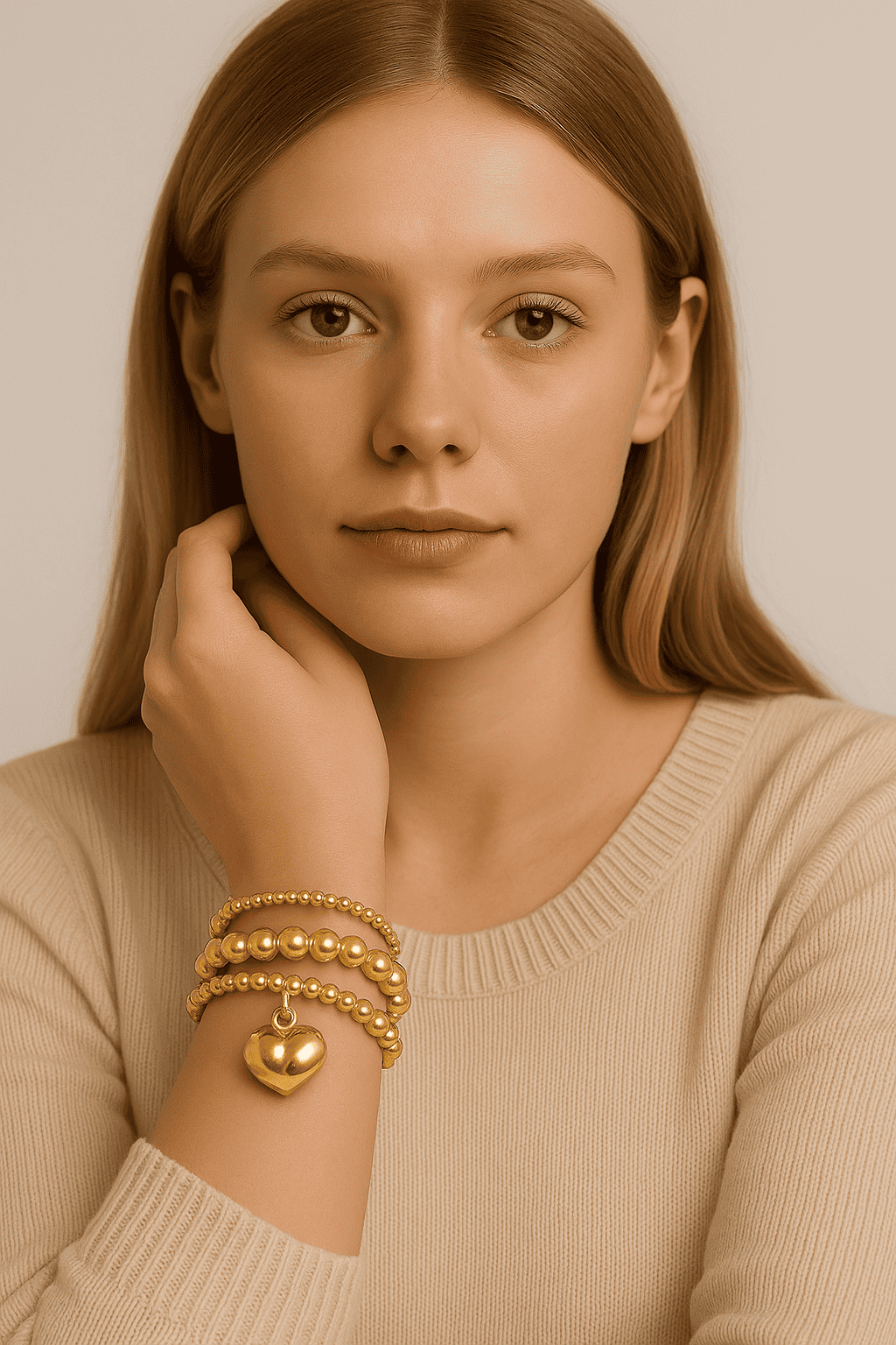 Ornements de bracelet en perles dorées avec charms cœur, accessoires de bijouterie de mode élégante pour femmes, style chic et raffiné, idéal pour compléter une tenue tendance.