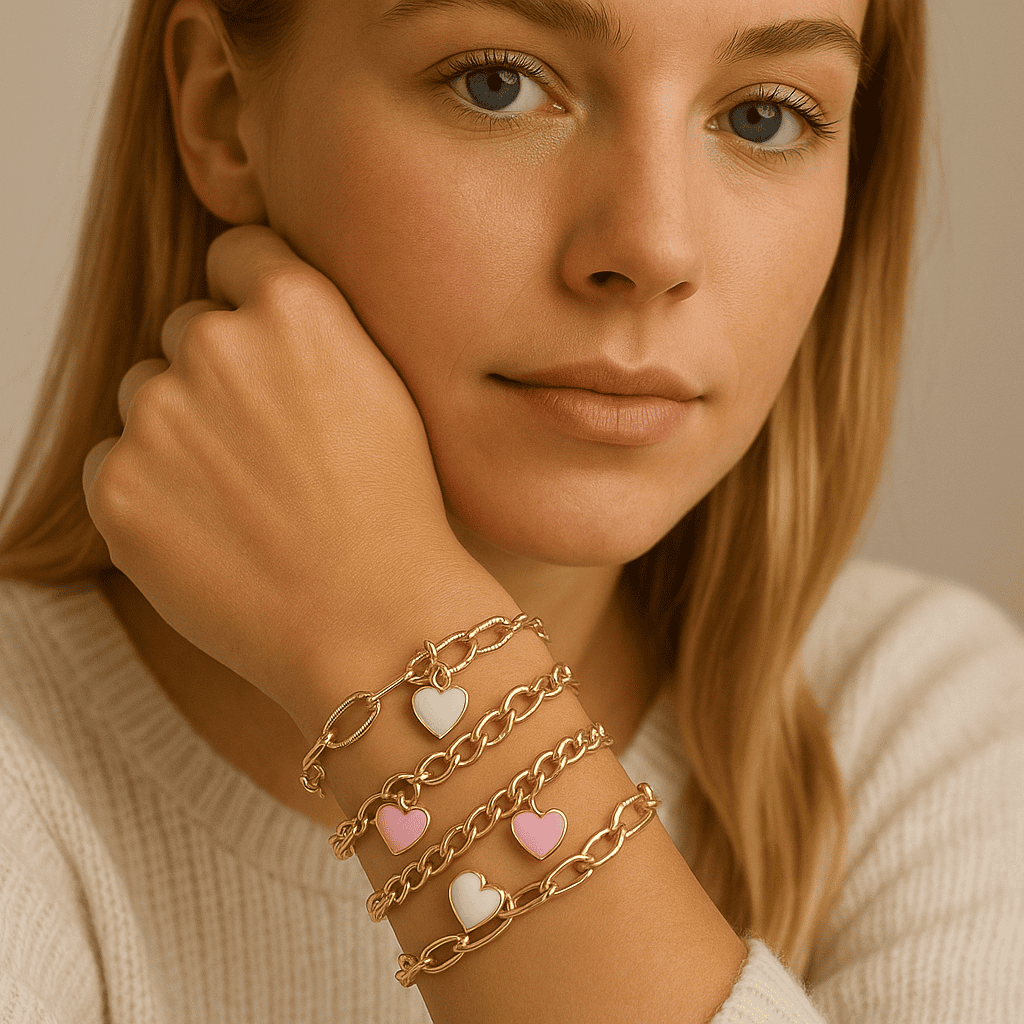 Bracelets fantaisie en métal doré avec cœurs en émail blanc et rose, accessoires élégants et tendance pour femmes, parfaits pour un look chic et féminin.