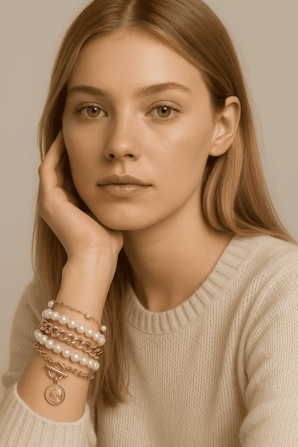 Perles, bracelet en or rose et chaîne, bijoux féminins élégants, porté par une femme avec chemise en cachemire beige.