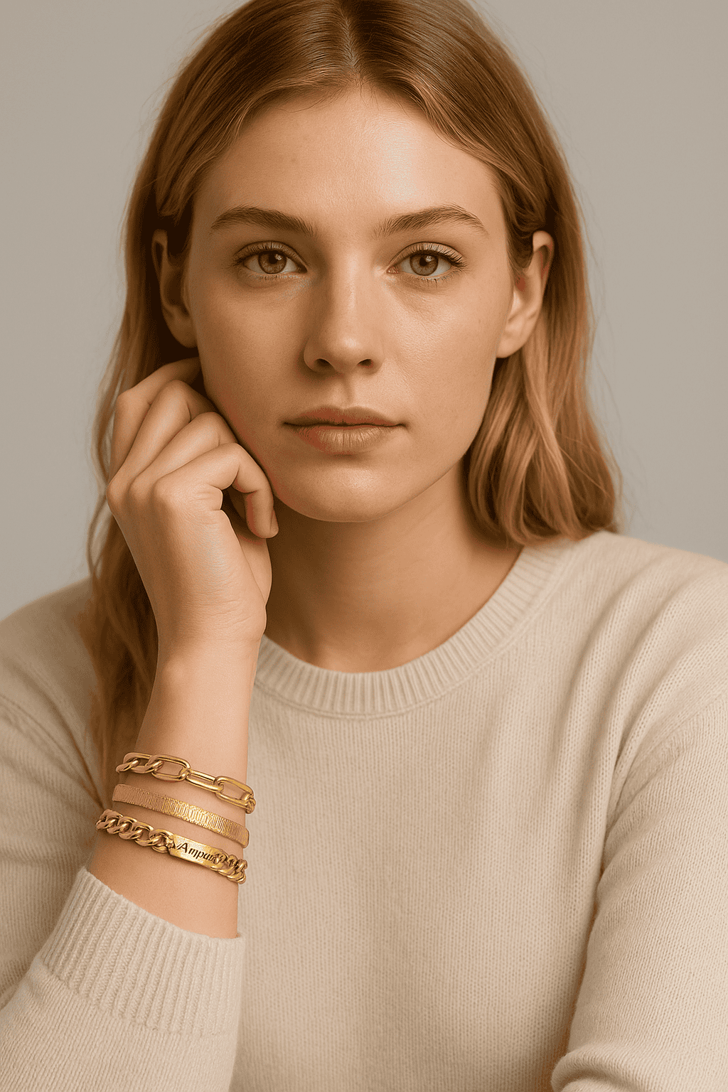 Bracelet en or massif avec maillons ovales, chaîne tressée, et inscription gravée « Amour » pour un look élégant et tendance.