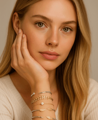 Bracelets en métal argenté avec motifs feuilles et accents de zircons, portés sur le poignet d'une jeune femme à la peau claire et aux cheveux blonds naturels.