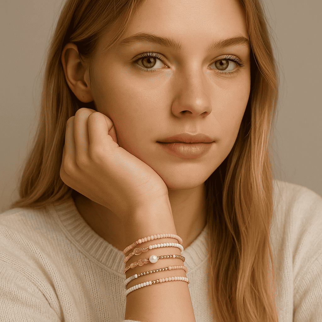 Bracelet multirang en perles roses, dorées et blanches, style élégant et féminin, parfait pour accessoiriser une tenue chic ou décontractée, en vogue dans la bijouterie mode pour femmes modernes.