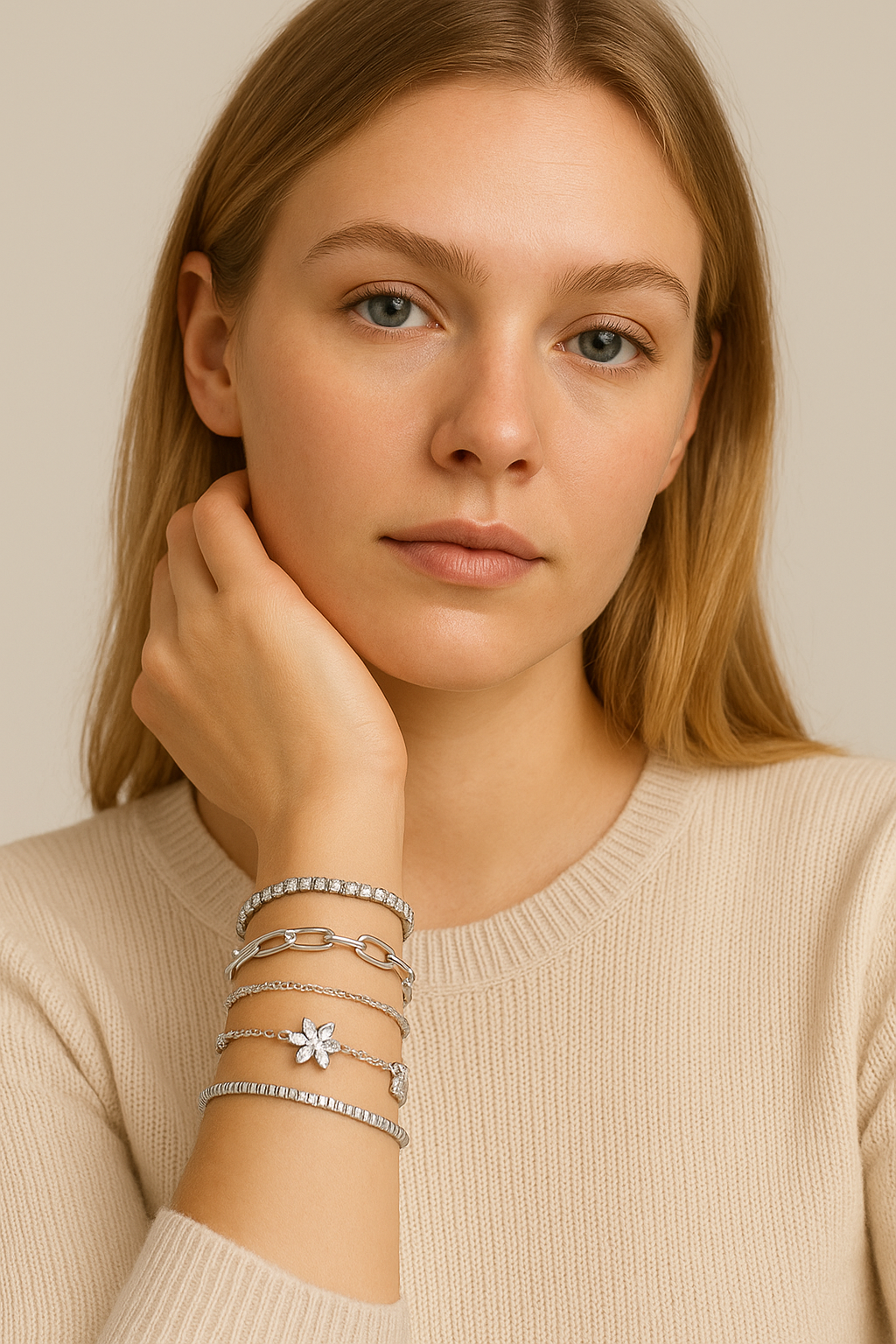 Set de bracelets argentés avec cristaux et fleur – lot de 6 bracelets fins élégants