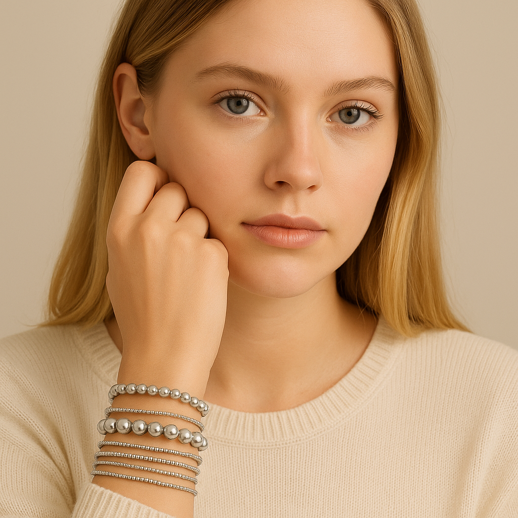 Set de bracelets argentés avec perles et cristaux – lot de 6 bracelets fins élégants