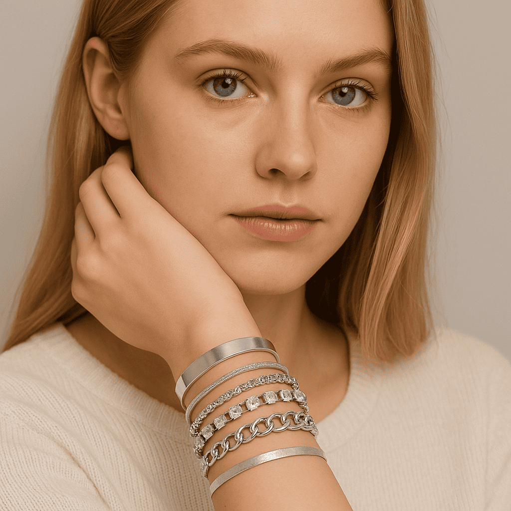 Set de bracelets argentés femme – chaînes, joncs et cristaux, élégance contemporaine et éclat sophistiqué