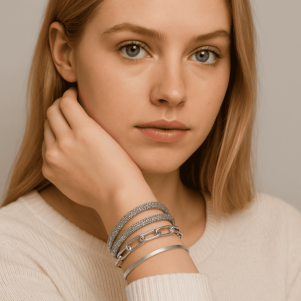 Set de bracelets argentés femme – strass, chaîne graphique et jonc lisse