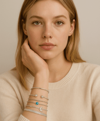 Set de bracelets argentés pour femme – lune, perles et pierre turquoise
