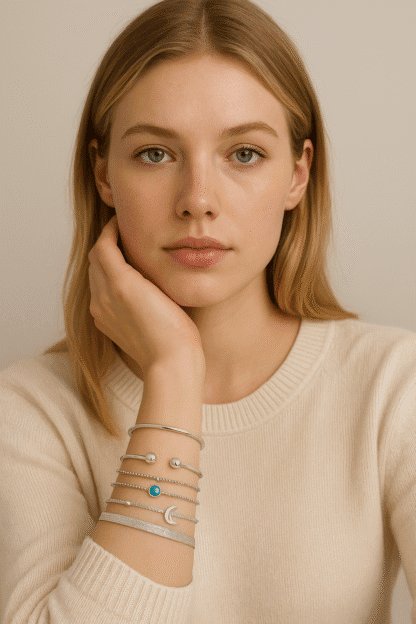 Set de bracelets argentés pour femme – lune, perles et pierre turquoise