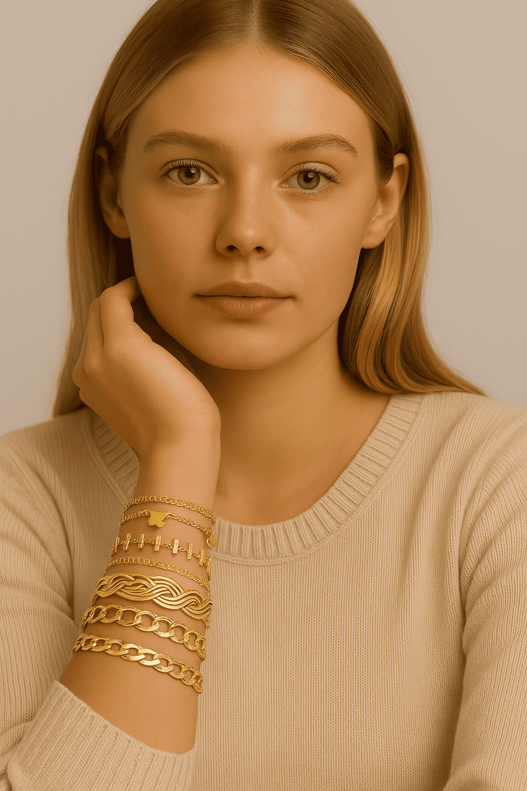 Bracelets en or fleuri et chaîne épaisse, bijoux féminins tendance, accessoires de mode chic, femme élégante, bracelet fantaisie en métal doré, style sophistiqué.