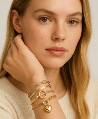 Bracelet en alliage doré avec pendentif cœur et multiples chaînes, élégance minimaliste pour femme, parfait pour accessoiriser une tenue chic ou décontractée.
