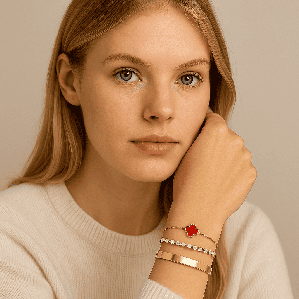 Bracelet en or vêtu avec un élégante charm en forme de fleur rouge, un bracelet de diamants étincelant, et un bracelet rigide en or poli, idéal pour un look sophistiqué et féminin.