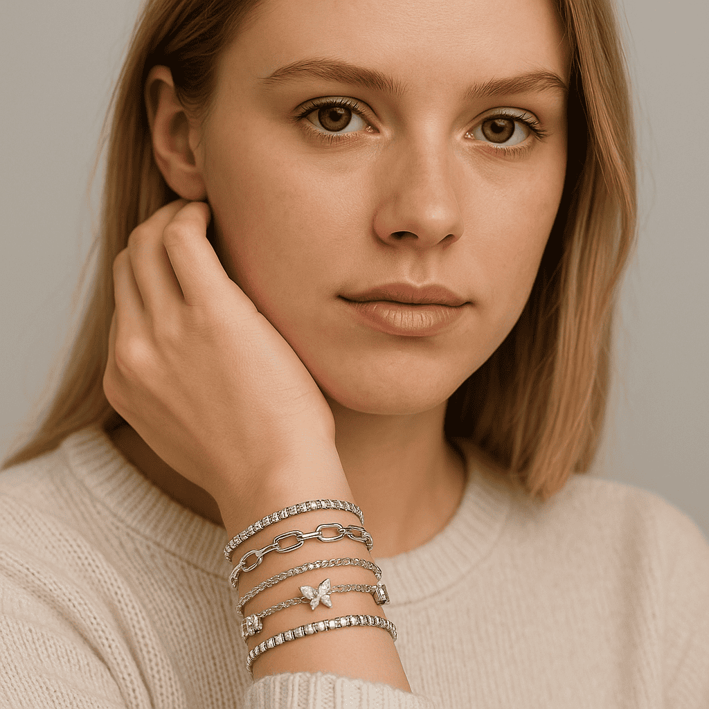 Set de bracelets plaqués argent pour femme – ensemble élégant avec strass, maillons et papillon