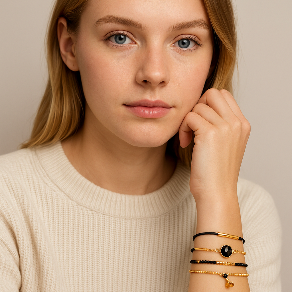 Set de bracelets dorés et noirs – lot de 5 bracelets fins élégants ajustables