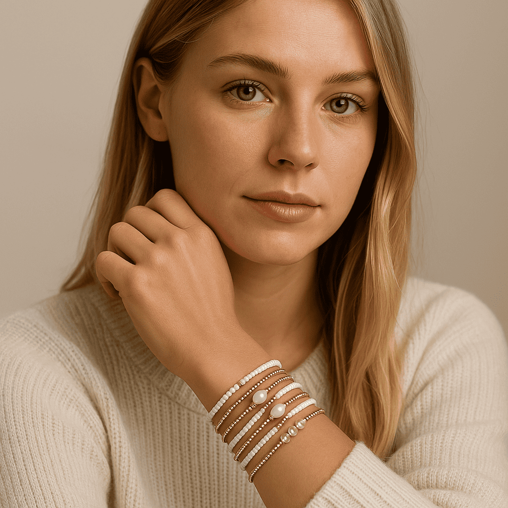 Bracelets de mode en perles blanches et or rose, élégants et tendance, parfaits pour accessoiriser une allure sophistiquée pour femmes.