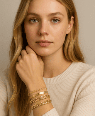 Set de bracelets dorés femme – chaînes gourmette et jonc minimaliste