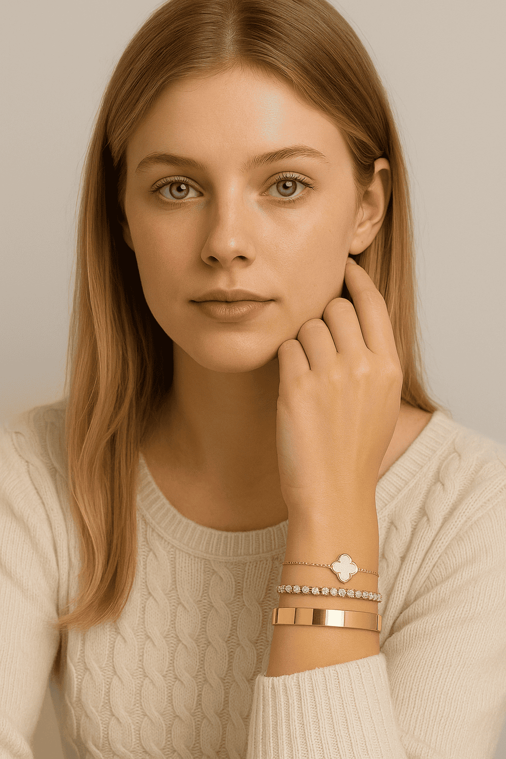 Set de bracelets dorés femme – trèfle nacré, cristaux et jonc doré