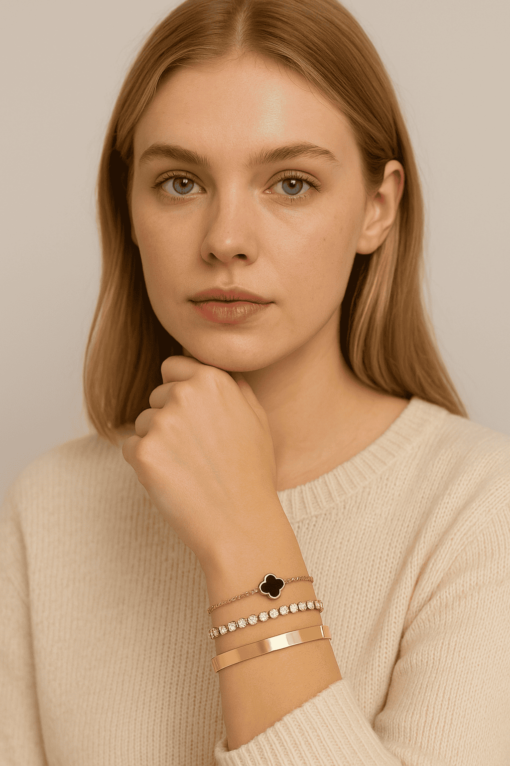 Set de bracelets dorés femme – trèfle noir, cristaux et jonc doré