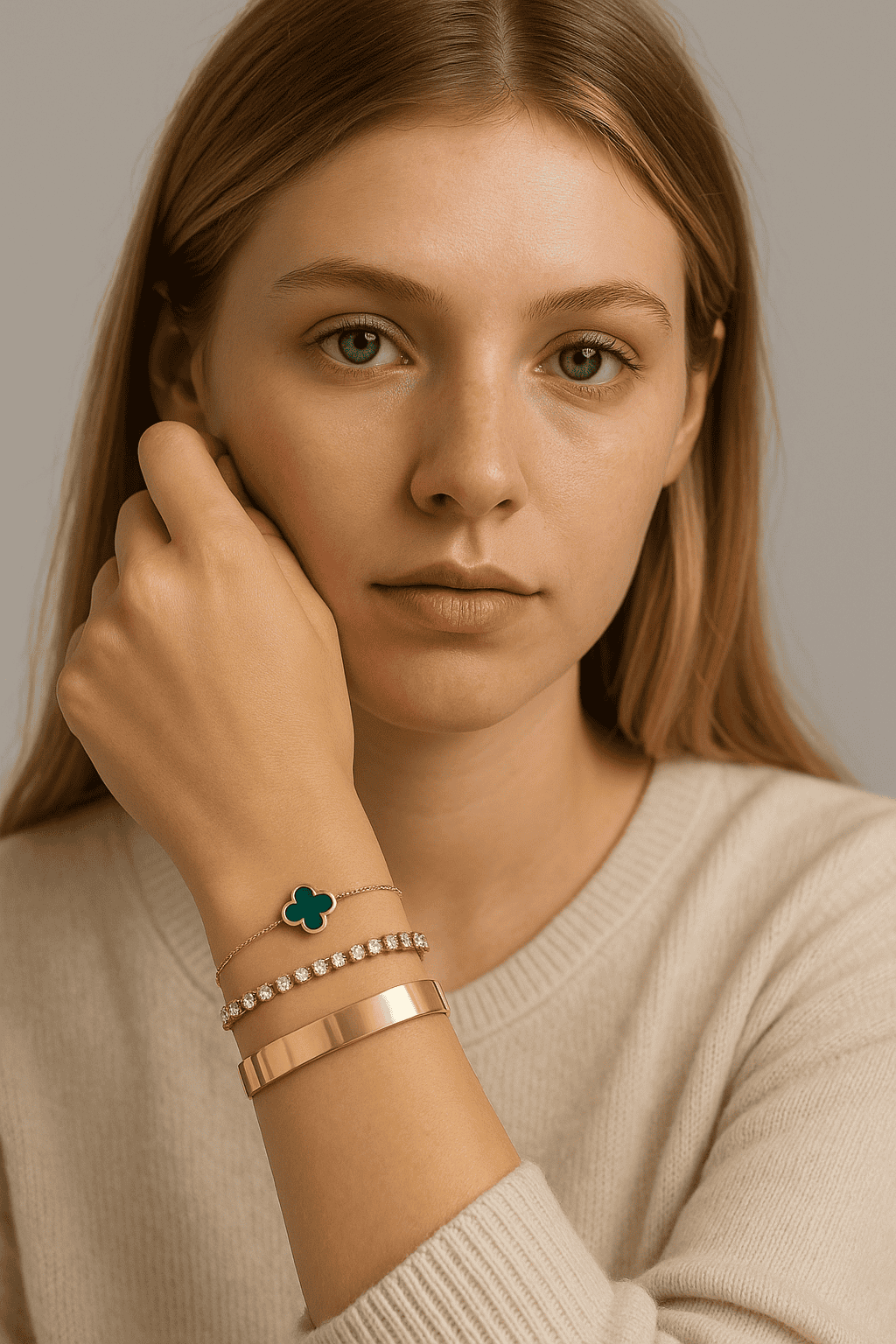 Set de bracelets dorés femme – trèfle vert, cristaux et jonc doré