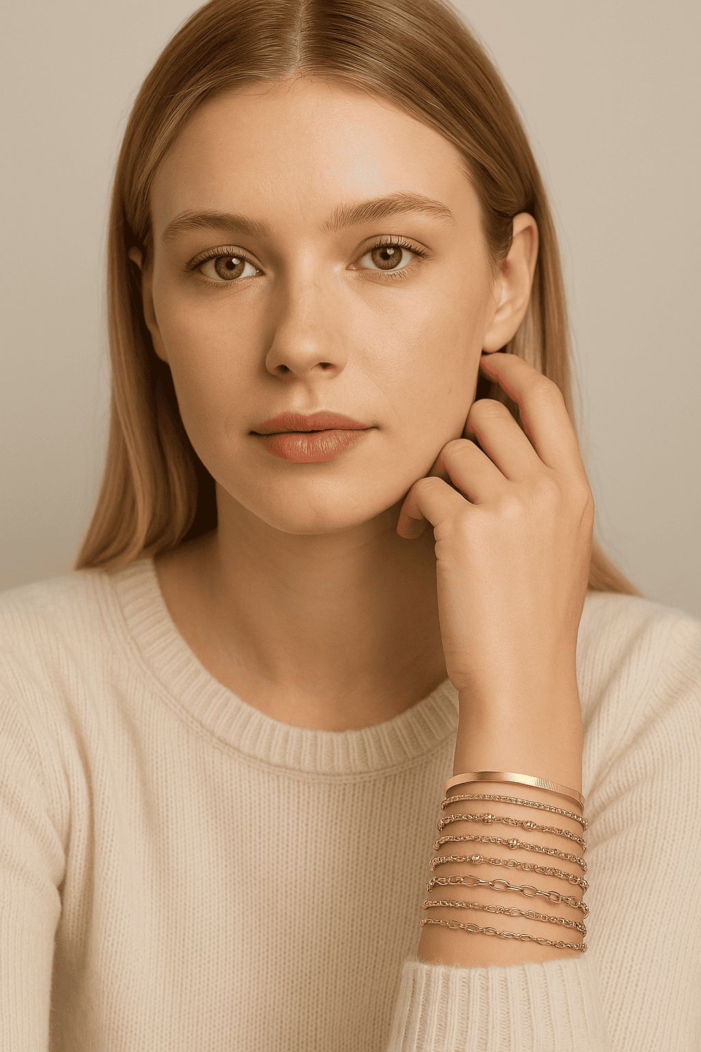 Set de bracelets dorés fins en accumulation – chaînes délicates et jonc lisse femme