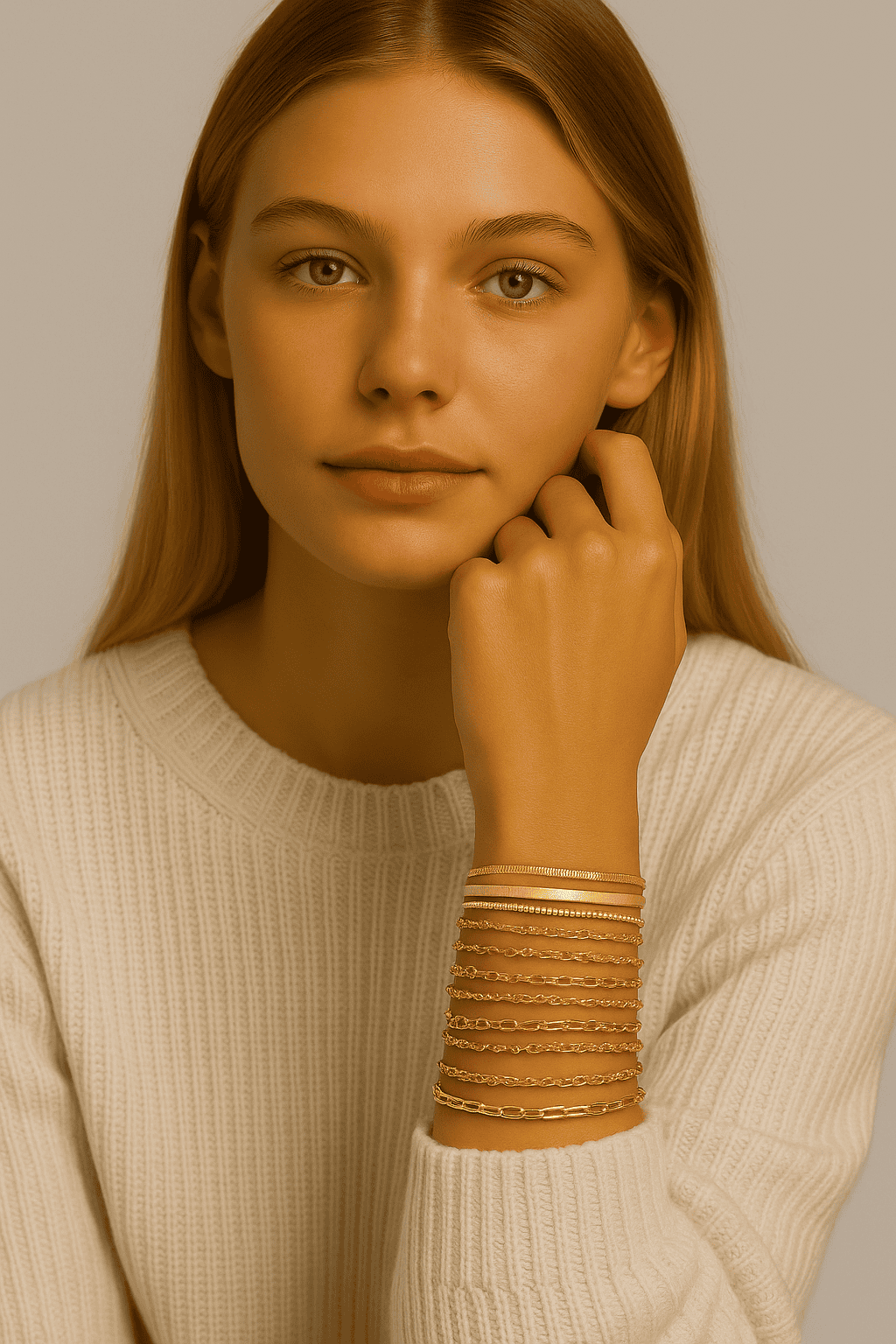 Set de bracelets dorés fins pour femme – chaînes variées et jonc minimaliste