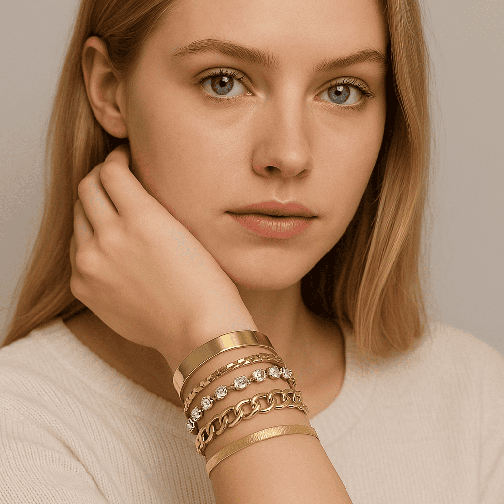 Set de bracelets dorés larges femme – manchettes, strass et chaîne dorée tendance