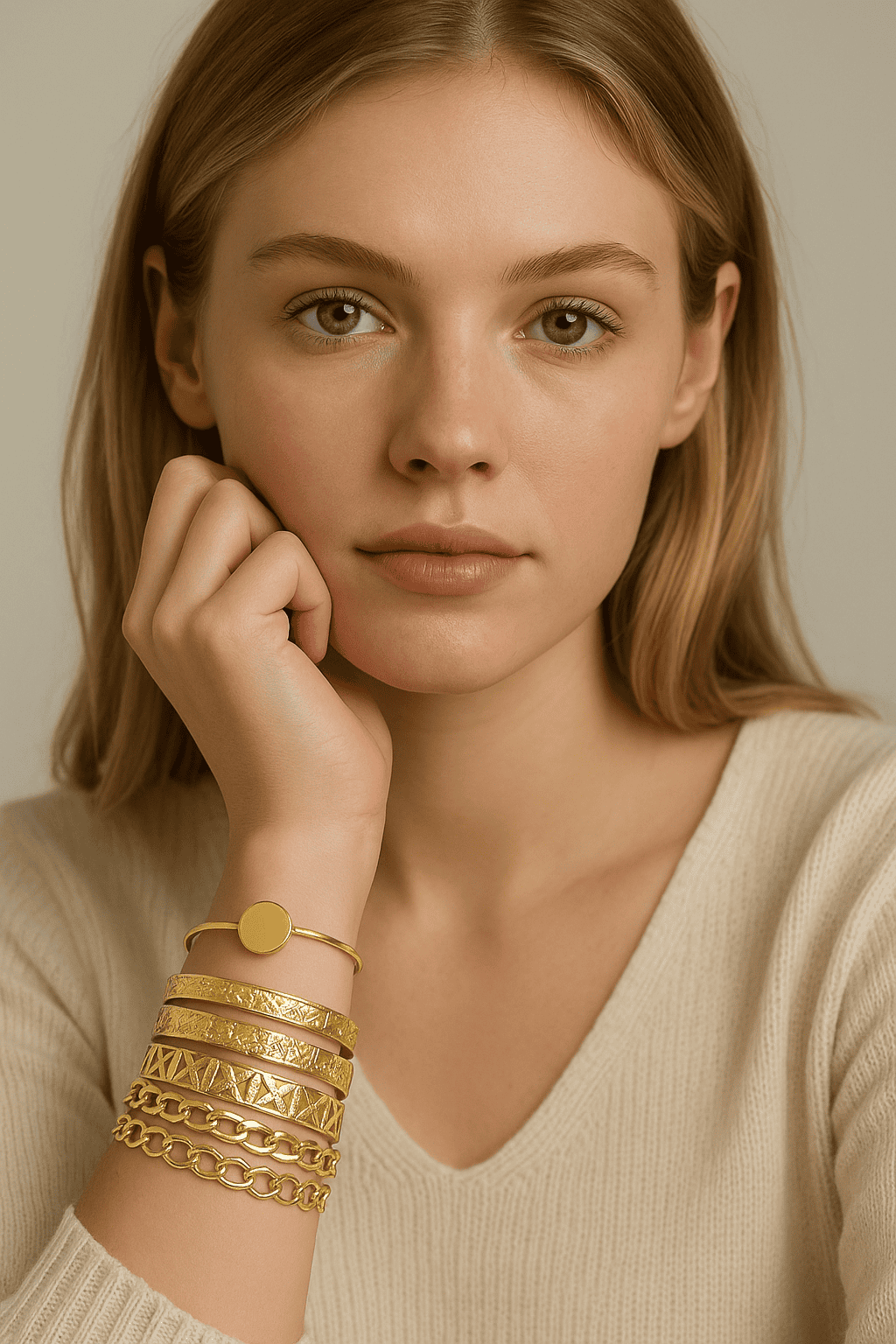 Bracelet en or vintage avec une chaîne dorée et plusieurs bijoux en or finement découpés, parfait pour accessoiriser une tenue élégante ou décontractée.