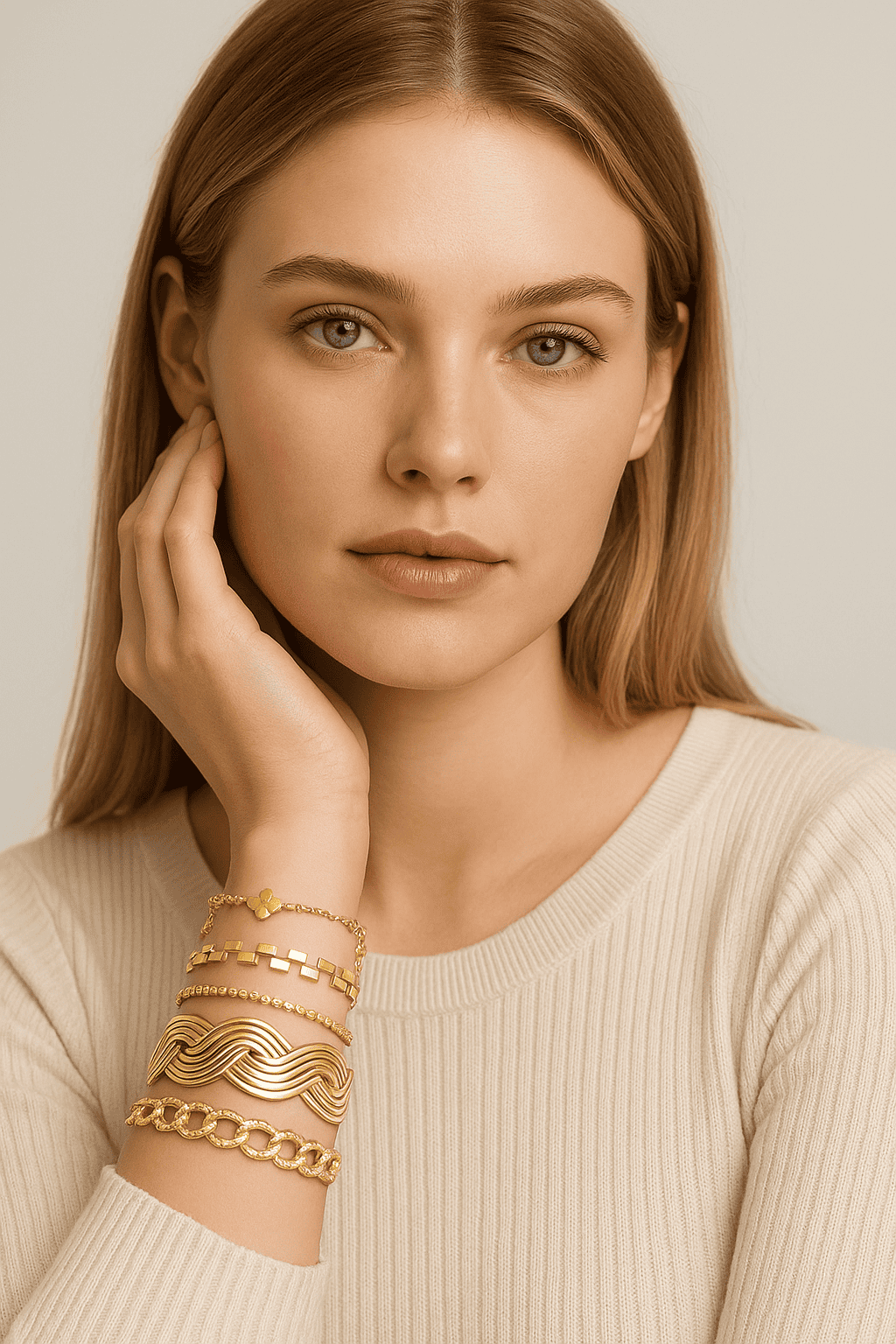 Bracelets en or pour femme, différents modèles avec design élégant, portés sur le poignet gauche d'une jeune femme aux cheveux roux, peau claire et regard doux, mise en valeur par une tenue sobre beige.