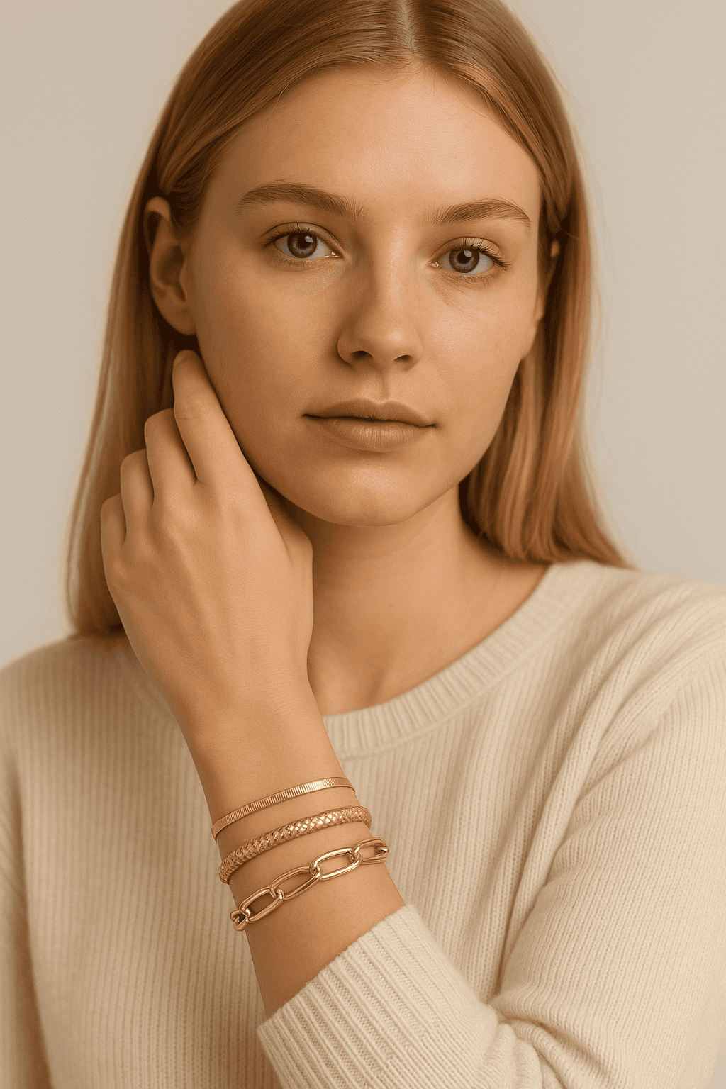 Set de bracelets dorés texturés femme – jonc, tressé et chaîne ovale chic