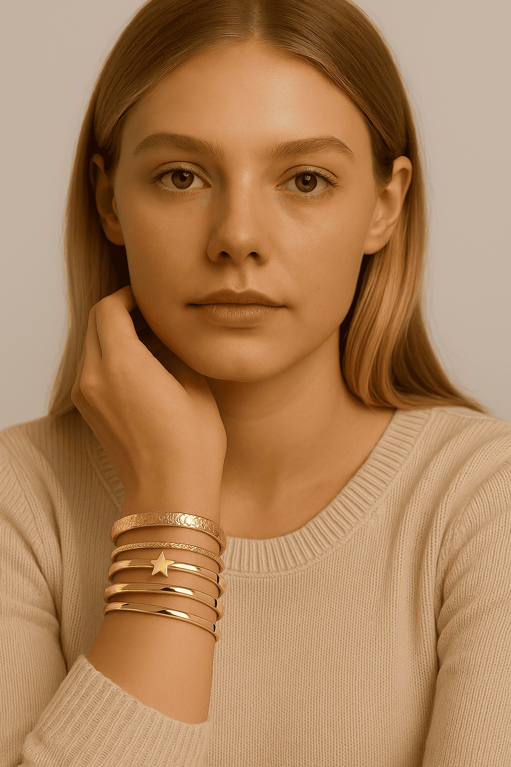 Set de bracelets dorés – manchette martelée, étoile et joncs brillants