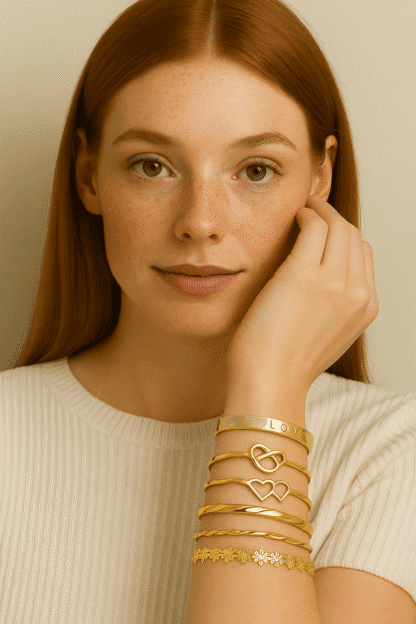 Bracelets en or avec motifs en forme de cœurs, fleurs et inscription « LOVE », portés par une jeune femme à la peau claire et rouquine, look naturel, look sophistiqué, bijoux tendance pour femmes.