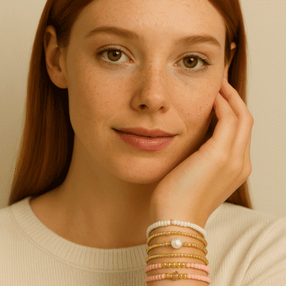 Bracelets en perles et perles d'imitation en or rose, blanc, pastel et blanc, avec pendentif en perle blanche, bijoux fantaisie élégants, accessoires de mode féminin raffinés, bijoux tendance pour femme, parfaits pour toutes les occasions, style chic et décontracté.