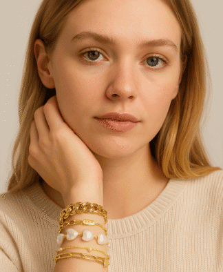 Bracelets en or 14 carats avec perles blanches, chaîne épaisse et design élégant, parfaits pour un look chic et sophistiqué, accessoires de mode luxe pour femmes.